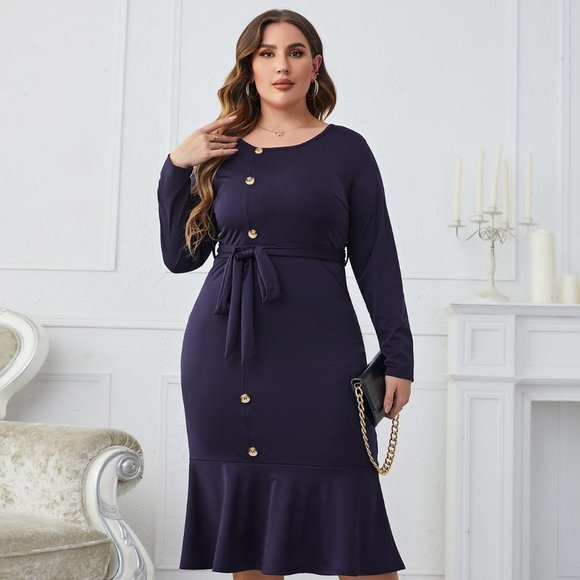 Melo Apparel Plus Size Buttoned Round Neck Tie Belt Midi Dress - Picture 2 of 7